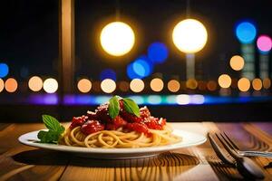 espaguete com tomate molho e manjericão folhas em uma placa. gerado por IA foto