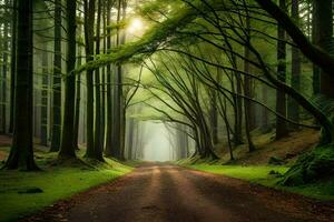 uma sujeira estrada dentro a meio do uma verde floresta. gerado por IA foto