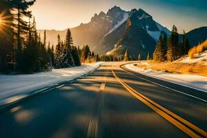 uma estrada dentro a montanhas com neve e árvores gerado por IA foto