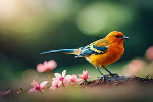 uma colorida pássaro é em pé em uma ramo dentro a grama. gerado por IA foto