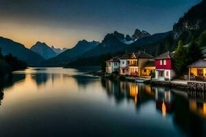 uma lago e casas dentro a montanhas às pôr do sol. gerado por IA foto