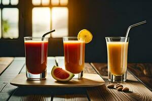 três óculos do suco em uma de madeira mesa. gerado por IA foto