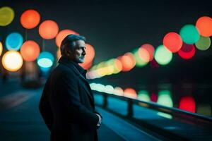 uma homem em pé dentro frente do uma rio às noite com luzes dentro a fundo. gerado por IA foto