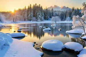 neve coberto pedras e árvores dentro uma lago às pôr do sol. gerado por IA foto