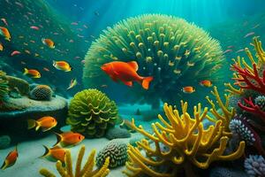 a embaixo da agua cena com coral e peixe. gerado por IA foto