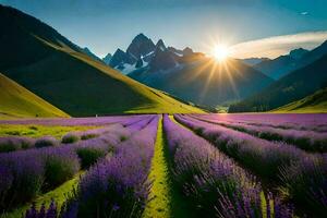 a Sol sobe sobre lavanda Campos dentro a montanhas. gerado por IA foto