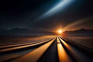 uma grandes exposição fotografia do uma trem rastrear dentro a deserto. gerado por IA foto