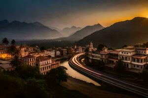 uma cidade com uma rio e montanhas dentro a fundo. gerado por IA foto