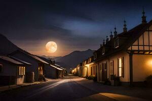 uma rua dentro a montanhas com uma cheio lua. gerado por IA foto