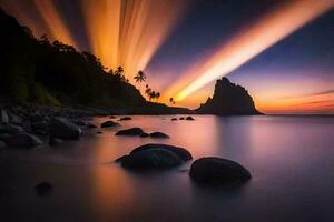 a Sol é configuração sobre uma rochoso de praia com pedras e Palma árvores gerado por IA foto