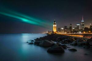 a aurora luzes acima a céu sobre a cidade. gerado por IA foto