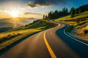 uma enrolamento estrada dentro a montanhas às pôr do sol. gerado por IA foto