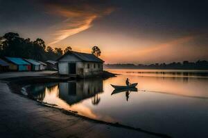 uma homem dentro uma barco em a água às pôr do sol. gerado por IA foto