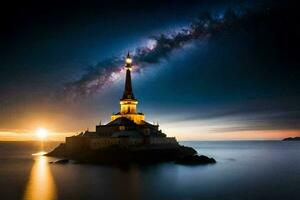 foto papel de parede a céu, noite, a leitoso, a farol, a ilha, a farol. gerado por IA