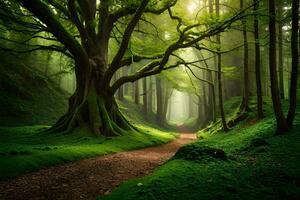 uma caminho através uma verde floresta com árvores gerado por IA foto