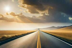 uma grandes estrada com Sol brilhando através nuvens. gerado por IA foto