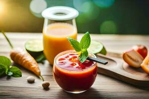 uma vidro do suco com cenouras e de outros legumes. gerado por IA foto