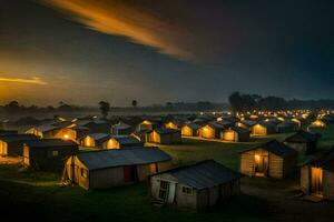 uma grupo do pequeno cabanas às noite. gerado por IA foto