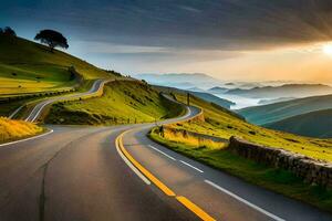 uma enrolamento estrada dentro a montanhas com uma pôr do sol. gerado por IA foto