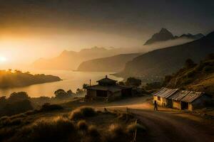a Sol sobe sobre uma montanha e uma Vila. gerado por IA foto
