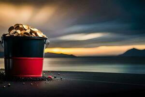 uma balde do ouro em a de praia. gerado por IA foto