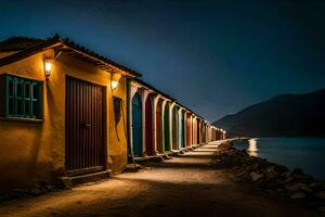 uma linha do colorida casas de a água às noite. gerado por IA foto