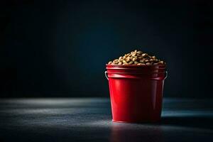 uma vermelho balde preenchidas com cachorro Comida. gerado por IA foto