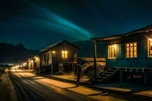 uma homem anda em baixa a estrada às noite com uma luz brilhando em dele casa. gerado por IA foto