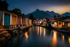 colorida casas linha a água dentro frente do montanhas. gerado por IA foto