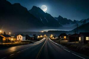 uma estrada dentro a montanhas com uma cheio lua. gerado por IA foto