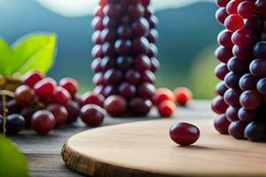 uvas em uma de madeira mesa com uma verde folha. gerado por IA foto