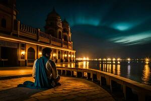 uma homem sentado em a terra perto uma lago às noite. gerado por IA foto