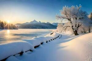 foto papel de parede a céu, neve, árvores, lago, sol, montanhas, árvores, inverno,. gerado por IA