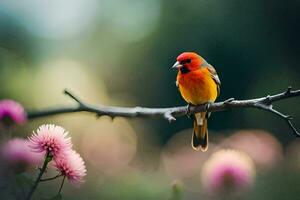 uma vermelho pássaro senta em uma ramo com Rosa flores gerado por IA foto