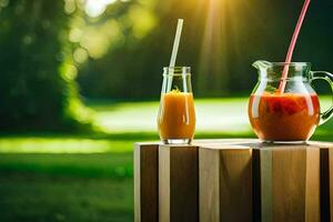 dois óculos do suco em uma de madeira mesa. gerado por IA foto