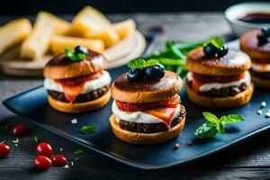 mini hambúrgueres com queijo e tomates em uma Preto placa. gerado por IA foto