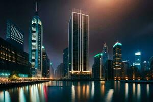 a cidade Horizonte às noite com luzes refletindo dentro a água. gerado por IA foto