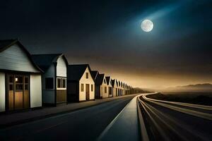 uma grandes exposição fotografia do uma linha do casas às noite. gerado por IA foto