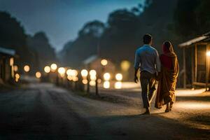 uma casal caminhando baixa uma estrada às noite. gerado por IA foto