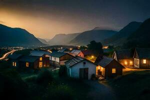 foto papel de parede a céu, montanhas, casas, noite, Noruega, a Vila, a Vila. gerado por IA