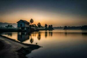 uma casa senta em a costa do uma lago às pôr do sol. gerado por IA foto