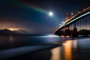 a dourado portão ponte às noite com uma arco-íris. gerado por IA foto