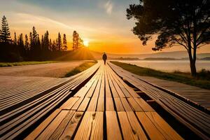 uma homem anda em ao longo uma de madeira passarela às pôr do sol. gerado por IA foto