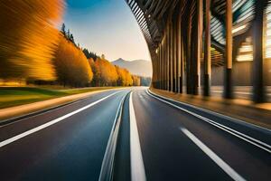 uma embaçado imagem do uma rodovia com árvores dentro a fundo. gerado por IA foto