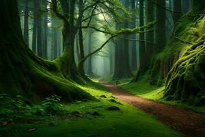 uma caminho através uma verde floresta com musgoso árvores gerado por IA foto