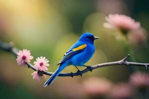 uma azul pássaro senta em uma ramo com Rosa flores gerado por IA foto