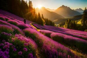 a Sol sobe sobre lavanda Campos dentro a montanhas. gerado por IA foto