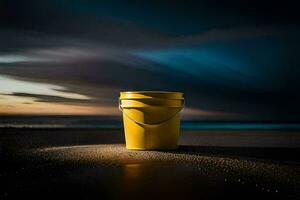uma amarelo balde senta em a de praia às noite. gerado por IA foto
