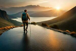 uma homem com uma mochila caminhando em uma caminho negligenciar uma lago. gerado por IA foto