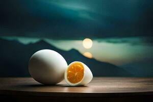 a laranja metade e a ovo em uma mesa. gerado por IA foto